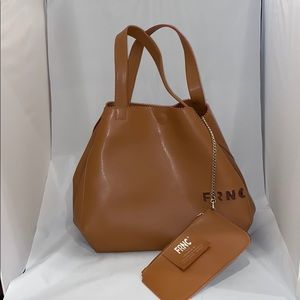 FRNC Tan leather tote bag with chained coin purse